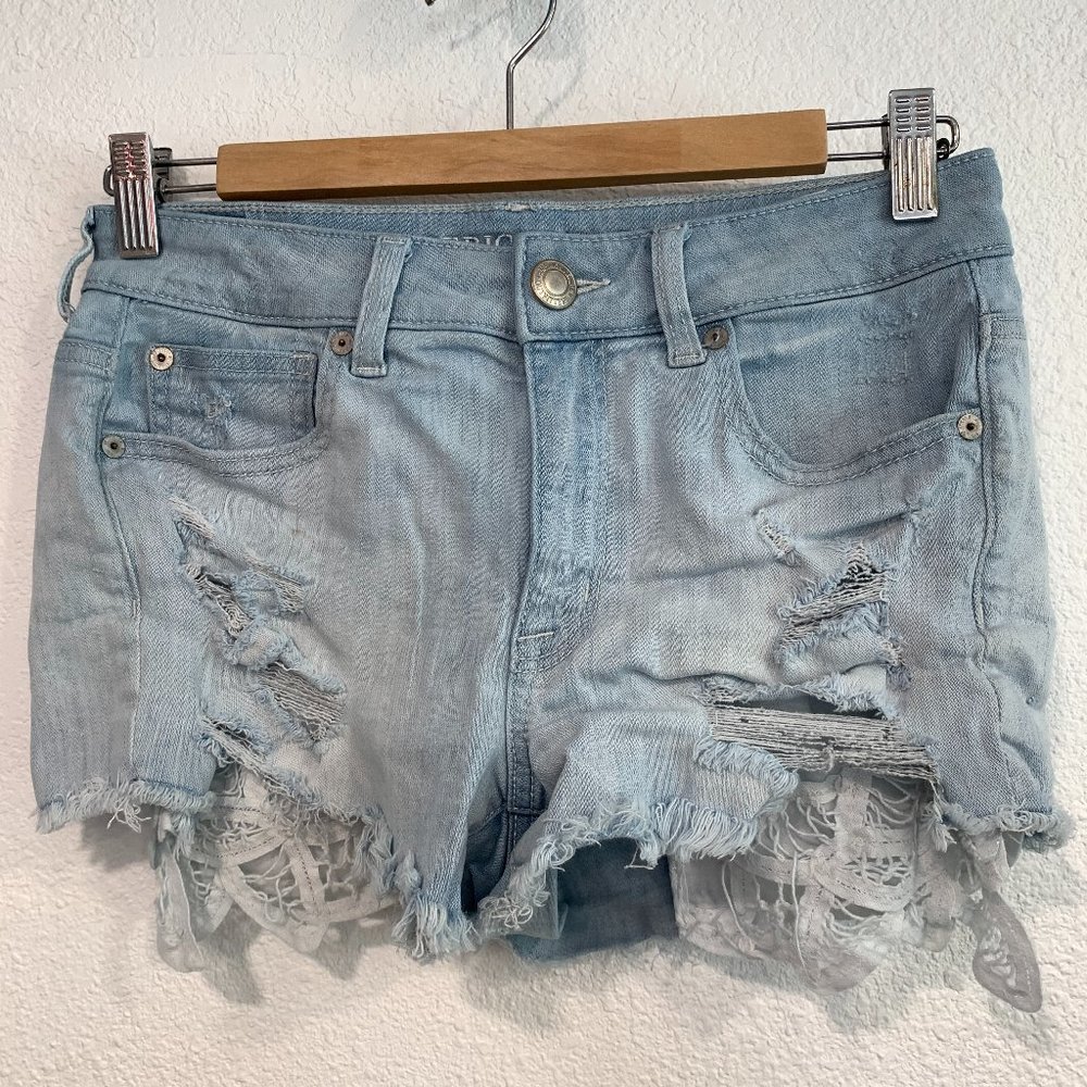 American Eagle Super Stretch Jean Shorts Hi Rise Shortie Distressed 28x2 Size 4